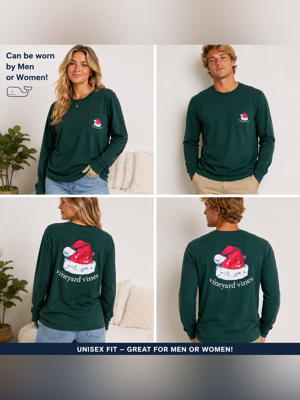 Vineyard Vines Green Santa Hat Christmas Long Sleeve Pocket Tee Unisex